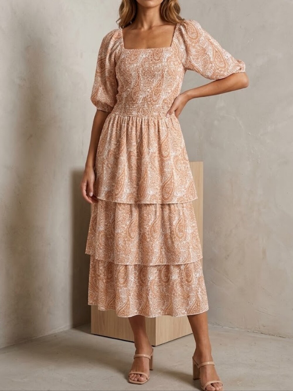 J Gee Paisley Tiered Midi Dress with Smocked Bodice Neutral Beige Milkmaid Sz S